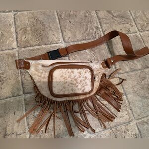 Fringe Leather Crossbody Bag - Tan and Cream